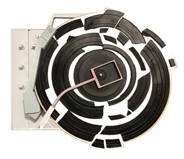 A vinyl record comes apart in this Paul Leibow sculpture.